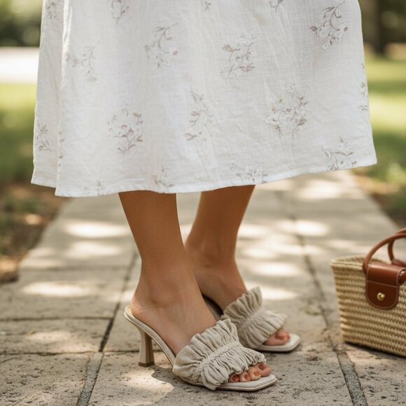 NIB SAM EDELMAN Womens Beige Ruffled Comfort Kady Square Toe Flare Slip On Dress - Picture 1 of 5